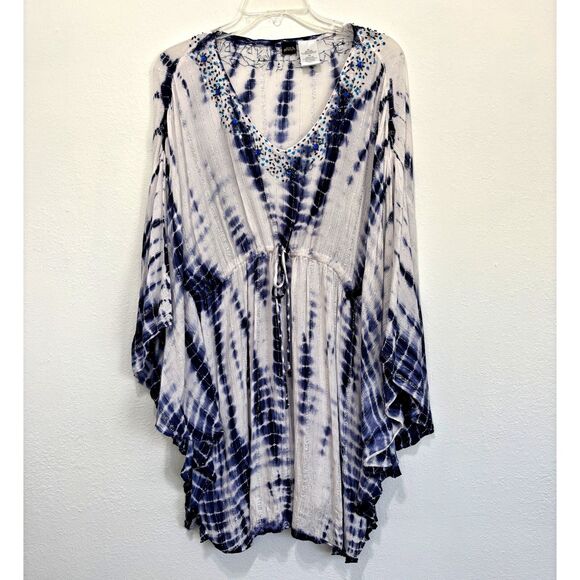 Bile Beaded Tie Dye Kimono Cardigan Womens XL Drawstring Beach Cover Up Top Boho - Picture 1 of 9